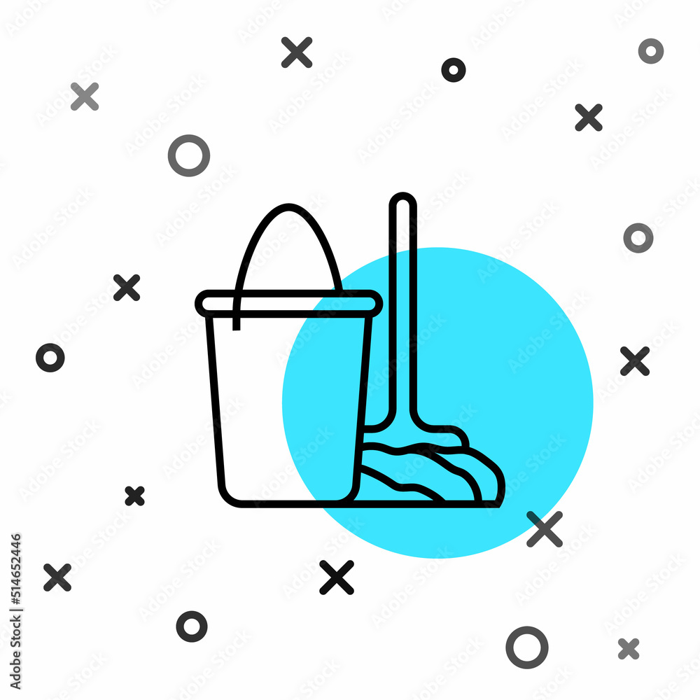 Poster black line mop and bucket icon isolated on white background. cleaning service concept. random dynami