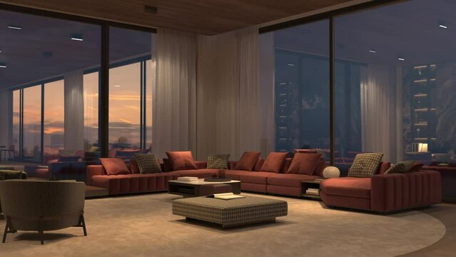 4K 3d render illustration video background. Modern luxury interior design living room with large sofa, night lighting and wooden ceiling.