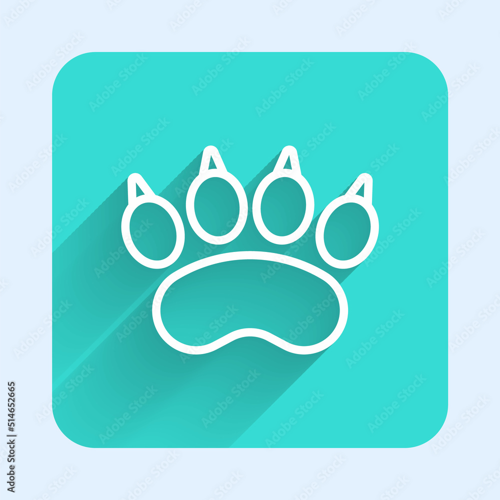 Poster white line bear paw footprint icon isolated with long shadow background. green square button. vector