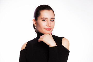 Obraz premium Woman with short hair and clean skin. Face close up, skin beauty tanned, beautiful smile woman in black turtleneck over white background