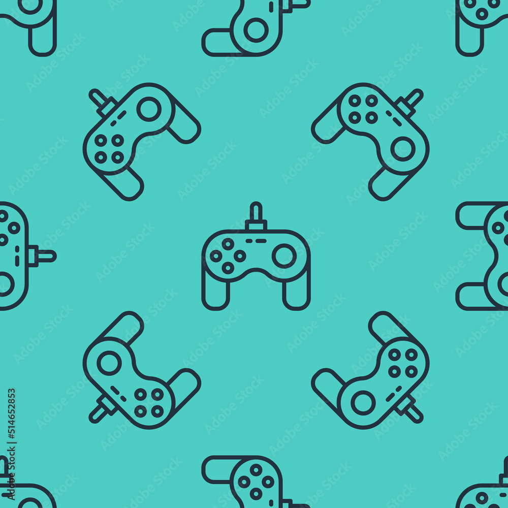 Poster black line gamepad icon isolated seamless pattern on green background. game controller. vector