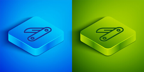 Isometric line Swiss army knife icon isolated on blue and green background. Multi-tool, multipurpose penknife. Multifunctional tool. Square button. Vector