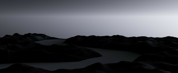 Dark mountain plateau with winding river background. Futuristic evening landscape with 3d render of black canyons and gray gradient sky. Night hills with current meandering water flow between them