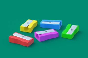 Scattered pencil sharpeners on green background. Stationery accessories. Tool for school. 3d render