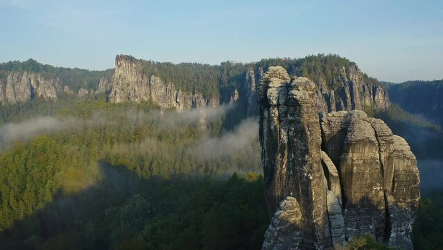 SAXON SWITZERLAND, S&auml;chsische Schweiz, GERMANY. Aerial View by day. Beautiful tourist destination and attraction from above. 4K drone.  (Fall 2021, Original 4K)
