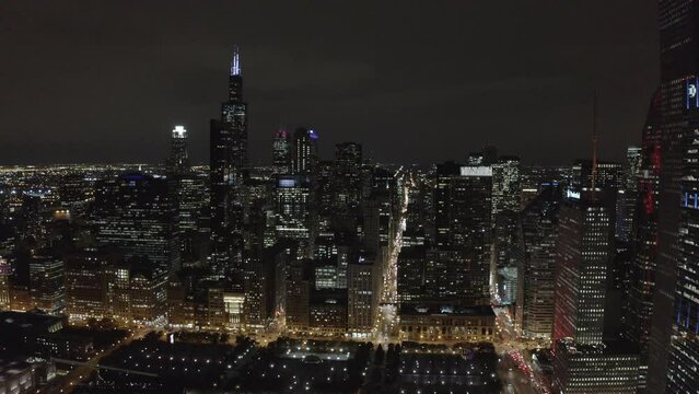 epic drone view of down town chicago illinois