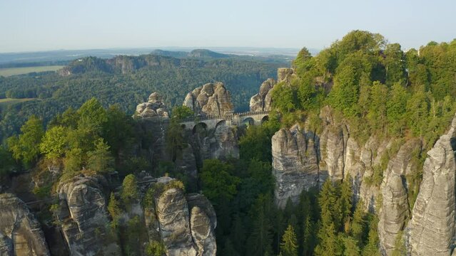 SAXON SWITZERLAND, S&auml;chsische Schweiz, GERMANY. Aerial View by day. Beautiful tourist destination and attraction from above. 4K drone.  (Fall 2021, Original 4K)