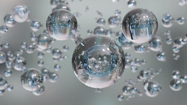 Water molecules, Molecular chemical formula H2O,  odorless, Ball and Stick chemical structure model, Macro Liquid Bubbles, particles inside droplet, 3d render