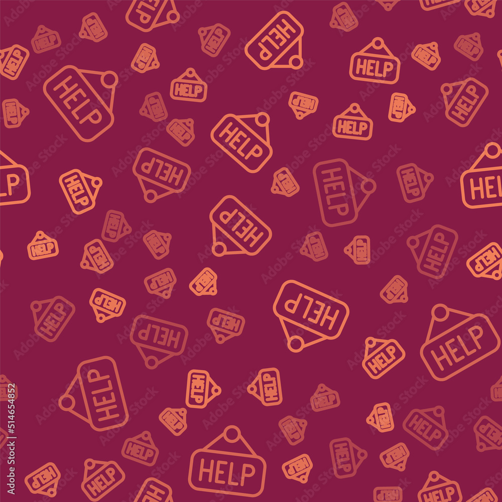 Poster brown line signboard with text help icon isolated seamless pattern on red background. vector