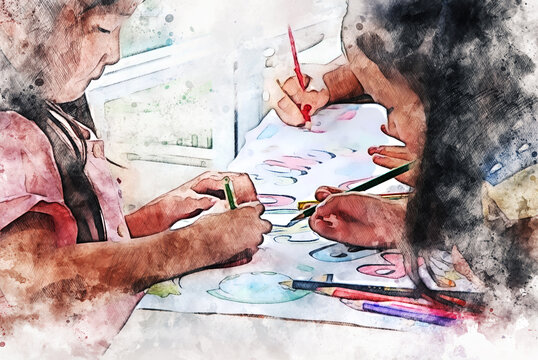 Abstract colorful Kids boy and girls learning drawing in holiday weekend on watercolor illustration painting background.