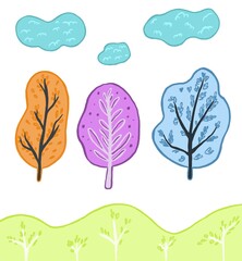 abstract trees, cartoon illustration of trees in unusual color