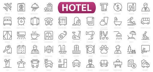 Hotel icons set. Tourism, hotel, vacation, luggage, reception, room services and other simple icon. Hotel Business symdol collection. Outline icons collection.