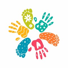 Vector illustration of hand-drawn prints of children's hands and feet