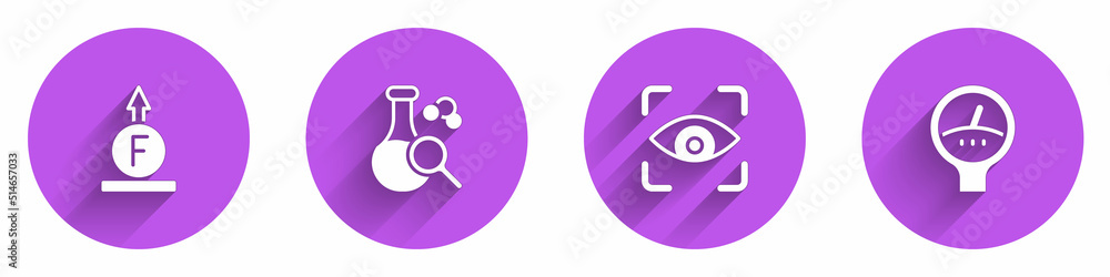 Poster set force of physic formula, test tube, eye scan and gauge scale icon with long shadow. vector