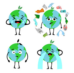 Cute planet earth character set collection. Cartoon planets with ecology problems without forest breathing, plastic and air pollution. Eco concept. Eco friendly, save ecology, sick, Earth day concept