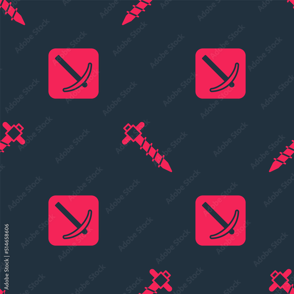 Poster set pickaxe and construction jackhammer on seamless pattern. vector