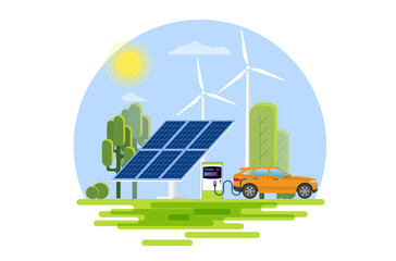 Ecology - Electric car -Modern flat vector concept illustration of Solar panels and an electric car.