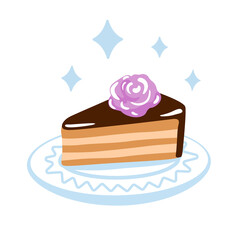 Piece of chocolate cake with cream rose. Delicious brownie on a porcelain saucer plate. Sweet birthday dessert. Hand drawn cartoon vector illustration.