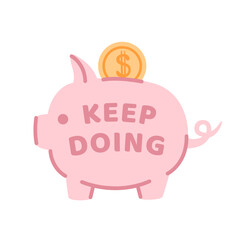 Saving money concept. Gold coins fall down into piggy bank. Keep and accumulate cash. Icon for investment, finance, bank deposit. Simple cartoon vector illustration.