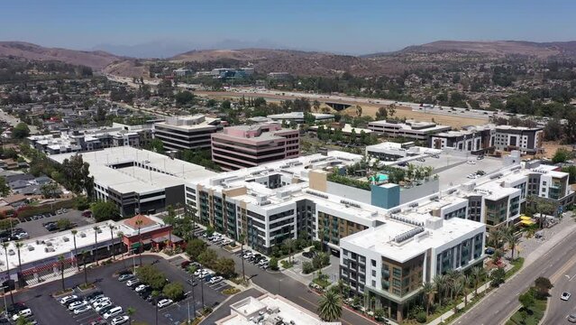 Day time aerial view of the downtown skyline of Brea, California, USA, a city in North Orange County.