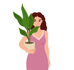 Young beautiful woman holding aspidistra houseplant in pot. Concept of growing and caring house plants. Flat cartoon colorful vector illustration.