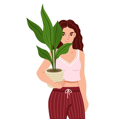 Young woman holding aspidistra houseplant in pot. Concept of growing and caring house plants. Flat cartoon colorful vector illustration.