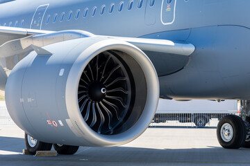 Jet engine, part of the wing and fuselage of a passenger aircraft.