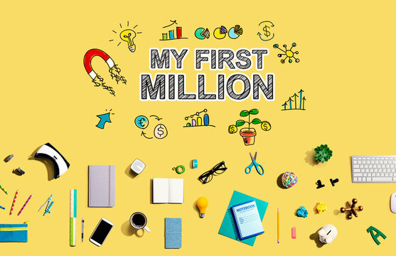 My First Million with collection of electronic gadgets and office supplies