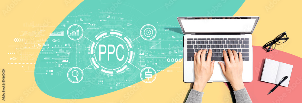 Poster ppc - pay per click concept with person using a laptop computer