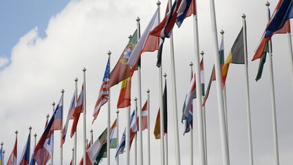 Various national flags with the EU flag under a blue sky.