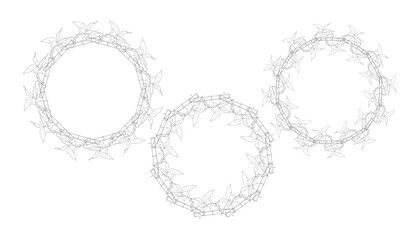 Bamboo set wreath round hand drawn doodle black contour. Vector 