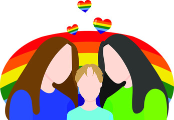 Lesbian family on the background of the LGBT flag. Vector illustration in a flat style