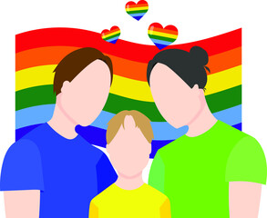 Gay family on the background of the LGBT flag. Flat vector illustration