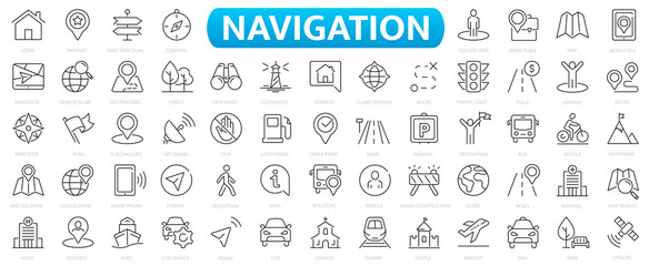 Fototapeta na wymiar Navigation and location icons set. Map pointer, location, map, GPS, route, compass simple line icon symbol. Outline icons collection.