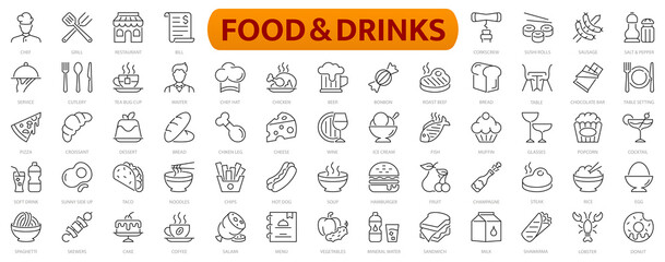 Fototapeta na wymiar Food and drinks icon set. Seafood, pasta, soup, bread, egg, cake, sweets, fruits, vegetables, drinks, pizza, fish and more line icon.