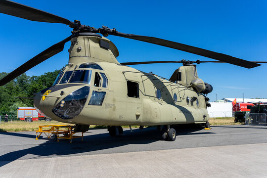 BERLIN, GERMANY - JUNE 23, 2022: Transport helicopter Boeing CH-47 Chinook. US Army. Exhibition ILA Berlin Air Show 2022