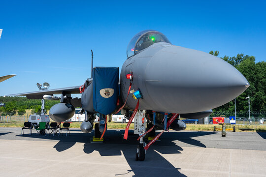 BERLIN, GERMANY - JUNE 23, 2022: Multirole fighter, strike fighter Boeing F-15E Strike Eagle. US Air Force. Exhibition ILA Berlin Air Show 2022