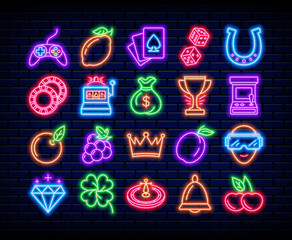 Neon casino slot icons. Light machine objects. Fruits and fortune symbols. Luminous cherry and star. Luck bar signs on brick wall. Poker cards. Roulette game. Vector gambling logo set © SpicyTruffel