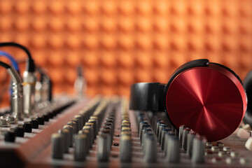 Obraz na płótnie Canvas Auidio jack cable in sound mixer. Music concept in sound record studio