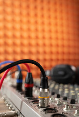 Auidio jack cable in sound mixer. Music concept in sound record studio