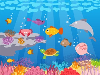 Naklejka premium Ocean fish. Nature sea underwater and coral reef with marine creatures. Swimming aquatic animals. Water inhabitants. Undersea panorama background. Dolphin and turtle. Vector illustration