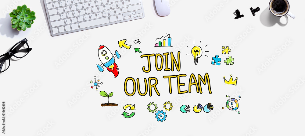 Poster join our team with a computer keyboard and a mouse