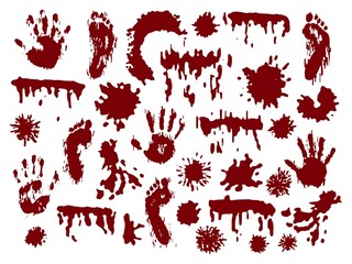 Blood drip splatter. Stain horror drops. Paint splash and crime flow. Red ink blotches. Abstract dirt. Liquid texture background. Foot and hand bloodstains. Vector bleeding blots set