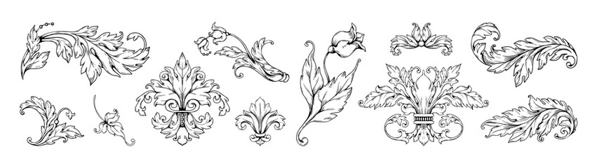 Baroque arabesque floral ornaments. Rococo acanthus curl scrollwork. Engraved Victorian flourish. Flower and decorative leaves isolated elements. Botanical motif. Vector classic set - obrazy, fototapety, plakaty