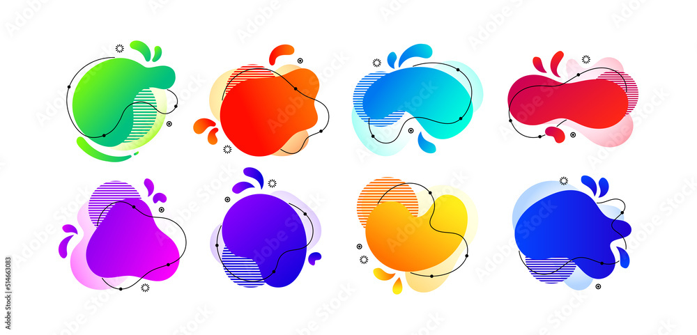 Aufkleber Round shape elements. Abstract flat Memphis logo for title. Liquid geometry amoeba. Fluid gradient color minimal textures. Geometric blobs set. Paint spots. Vector design background