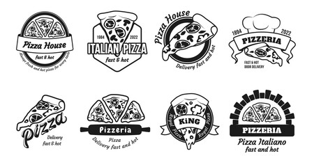 Obraz premium Pizza logo with text. Italian pizzeria label or logotype for menu. Symbol of bakery or party restaurant. Food delivery. Monochrome emblems. Delicious snack. Vector illustration icons set