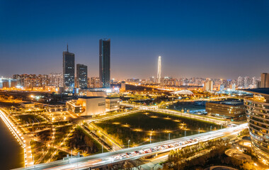 Night aerial shot of tianjin city suburbs