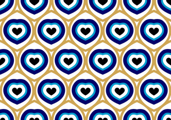 Seamless pattern with Turkish eye heart shape vector illustration. Turkish seamless background. Traditional geometric design for souvenirs, cards, posters, banners, textile, menu