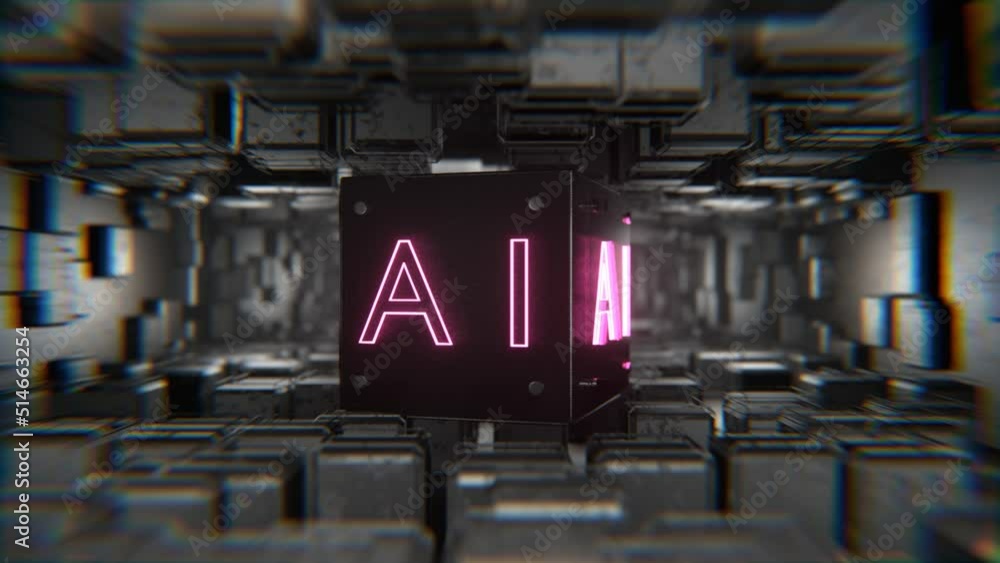 Poster rotation of the technological cube with the inscription a i. in the tunnel. concept of artificial in