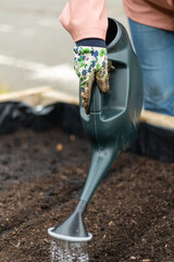 Woman watering a garden using a plastic watering can